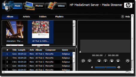 HP MediaSmart Server media streaming page for music videos and photos