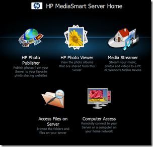 HP MediaSmart Server home page and web features