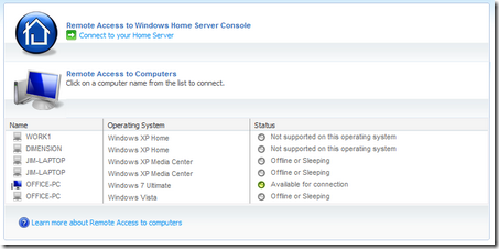HP MediaSmart Server remote computer access list