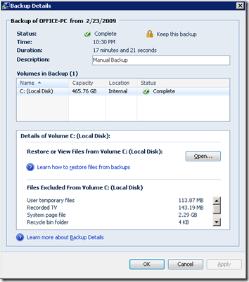HP MediaSmart Server backup showing system files excluded from backup