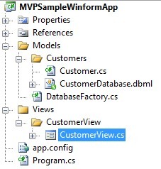 Visual Studio project layout with Views folders for the MVP example