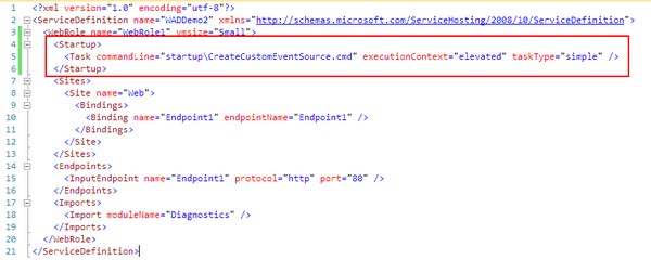 Azure ServiceDefinition file showing the startup task configuration